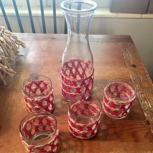 Set of 5 Raffia Wrapped Pink Drinking Glasses and Carafe - New EASTER table